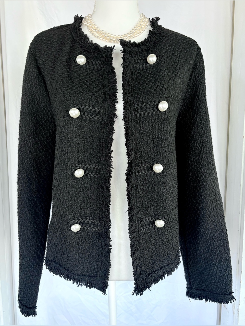 Black Tweed Fringed Pearl Button Crop Cardigan Jacket Plus XXL
